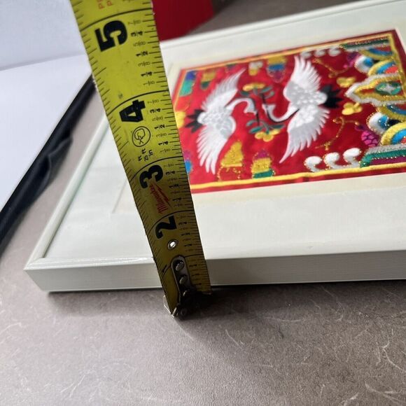 Vintage Chinoiserie Silk Panel Embroidered Crane Bird Floral 10 1/8”X9.5” Framed - Picture 6 of 6